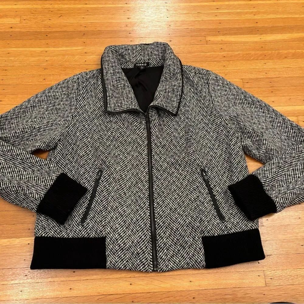 Torrid Herringbone Tweed Pea Coat Peplum zip up Jacket